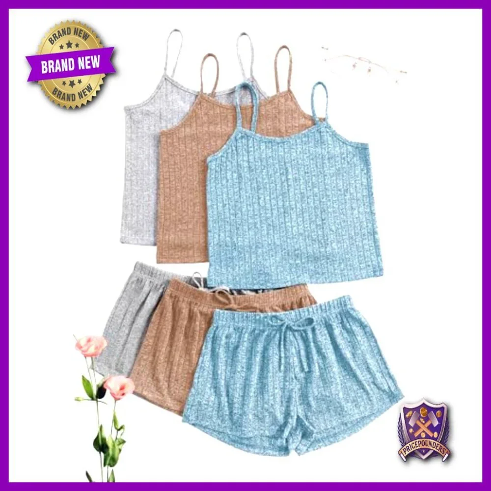 Medium Ribbed Pajama Set Sleeveless Crop Top Shorts Lounge Sleepwear